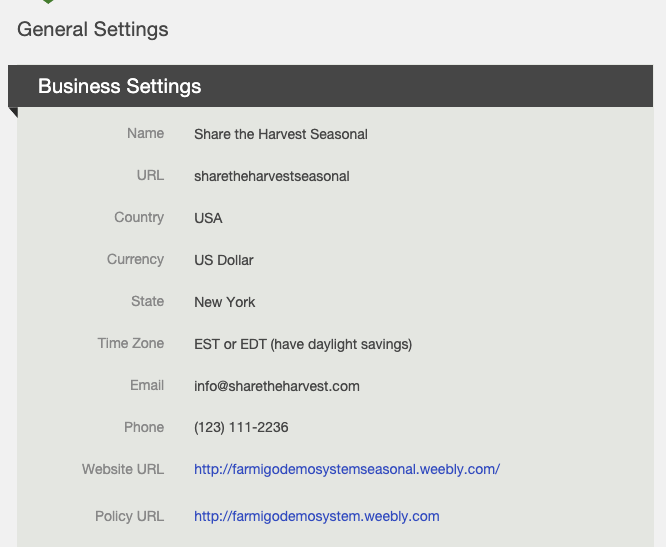 General Page settings with the Policy URL field under Farm Info